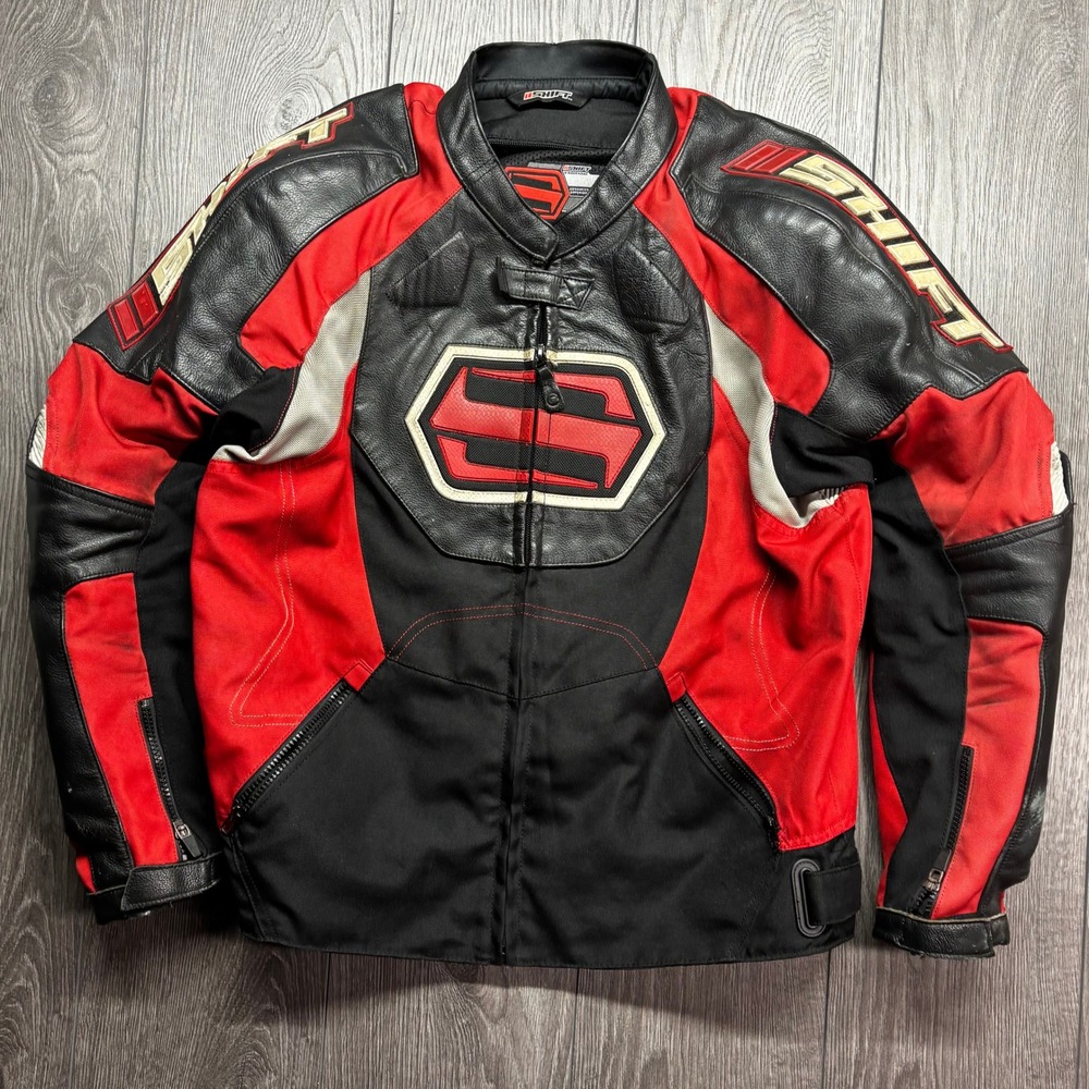 Shift Racing Mens Leather Motorcycle Jacket Red Black Padded Armor Size Medium